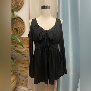 Chic Black Women's ruffle Blouse with Tie Detail size L